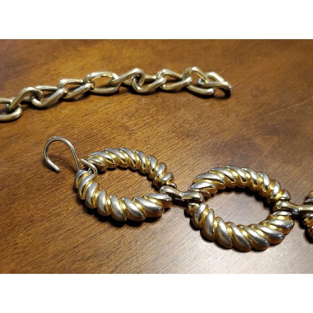 Vintage Womens Waist Belt Chunky Gold & Silver Tone Metal Ribbed Oval Link Chain